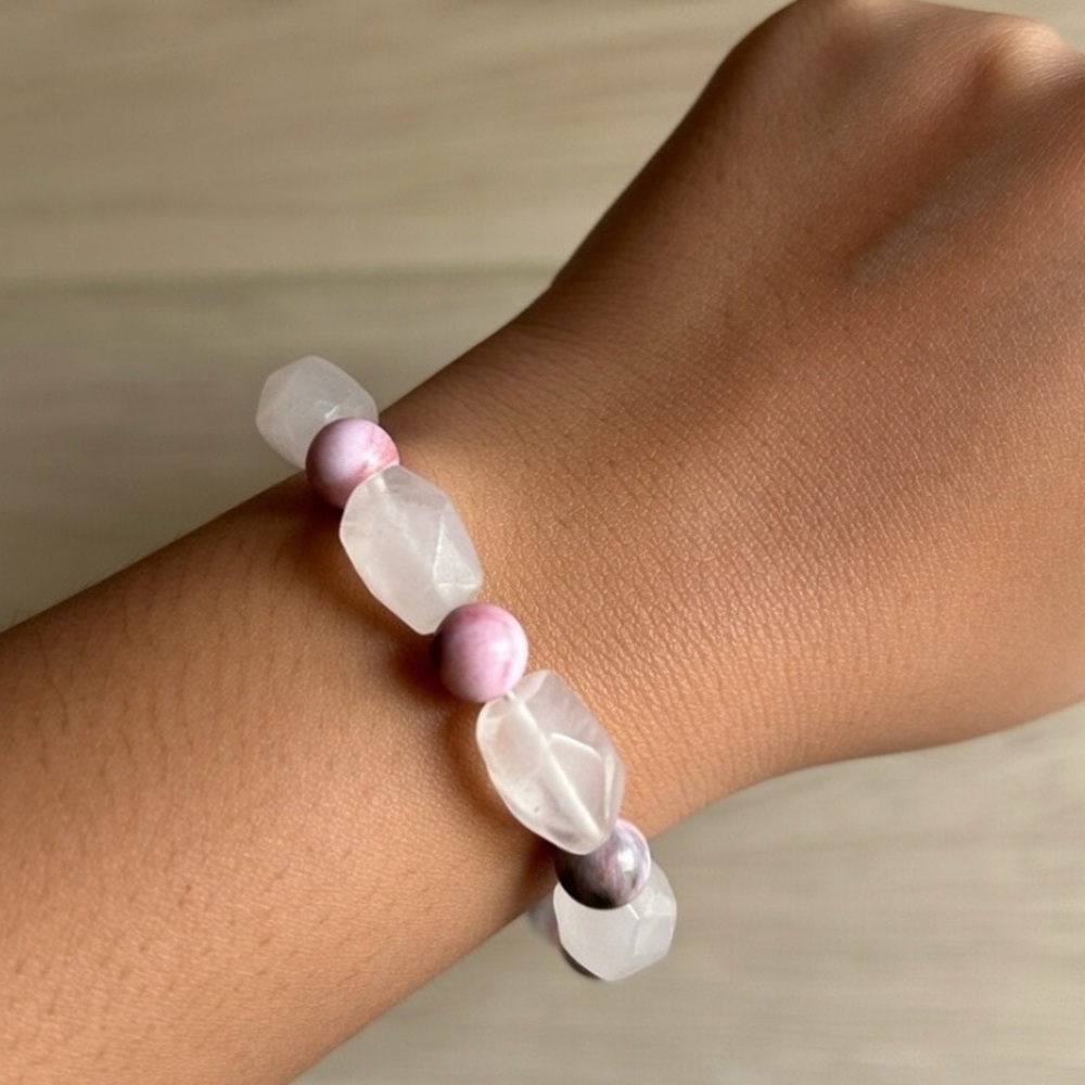 Handmade Faceted Rose Quartz and Rhodonite Beaded Stretch Bracelet, 6-6.5